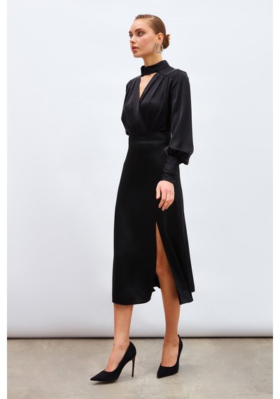 Sateen Yırtmaçlı Saten Etek - Siyah-133207 Siyah