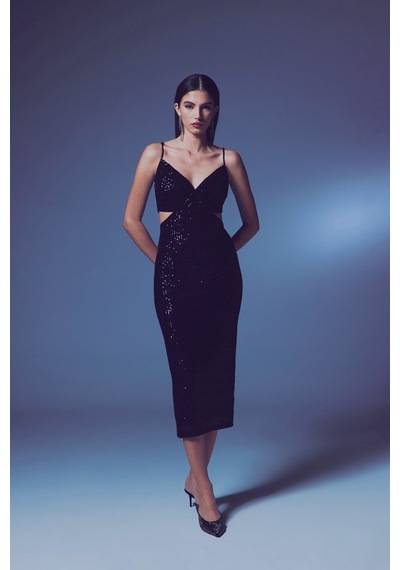 Sateen Dekolteli Payet Elbise - Siyah-135638 Siyah