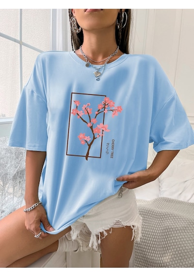 Uyguntarz Unisex Kiraz Ağacı Baskılı Tasarım Tshirt Bebe Mavisi
