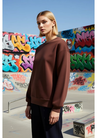 Benerly Kadın Bisiklet Yaka Düşük Kol Regular Kalıp Örme Sweatshirt Fonks Kahverengi