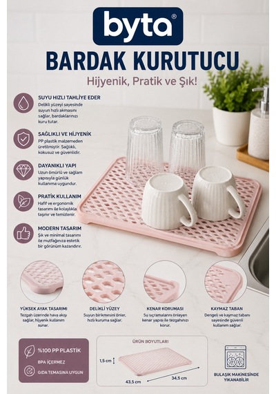 Bardak Kurutucu Tezgah Üstü Hızlı Su Tahliyeli Bardak Ve Kupa Kurutma Matı Pembe