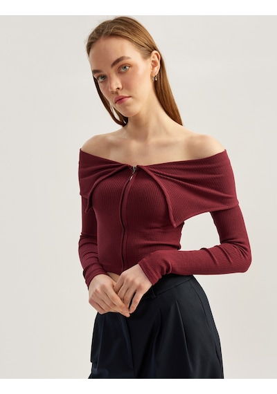 Koton Fermuarlı Omzu Açık Uzun Kollu Slim Fit Tişört Bordo 5sal10353ık Bordo