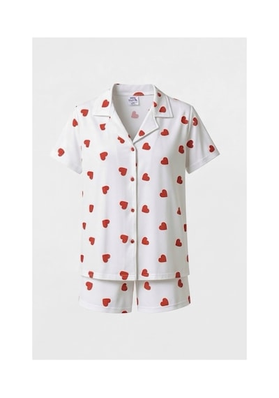 Feg Store %95 Pamuklu Kadın Beyaz Kırmızı Kalp Desenli Kısa Kollu Düğmeli Şortlu Pijama Takımı