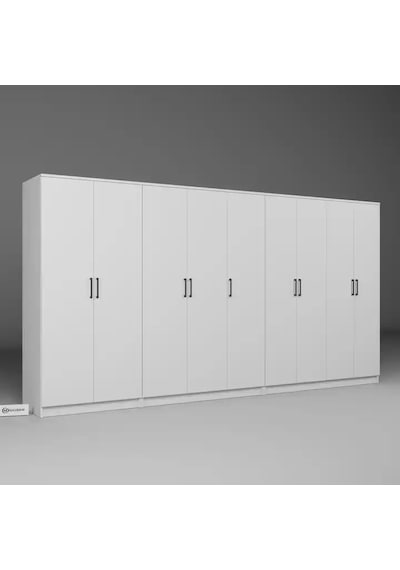 Kardelen Serisi 340 Cm Mat Beyaz 9 Kapılı 14 Raflı Elbise Dolabı - Gardırop Seti Beyaz