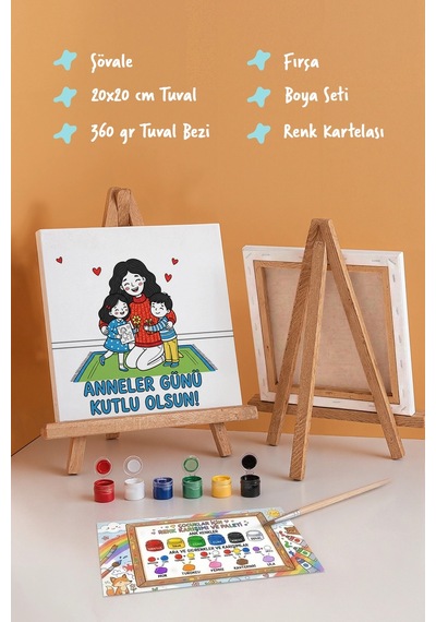 Anneler Günü Kutlu Olsun Boyama Tuvali Şövaleli Boya Ve Fırça Seti 20x20 Cm