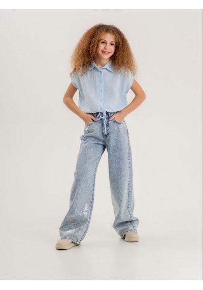 Zekids Kız Çocuk Paçası Varak Detaylı Denim Pantolon-13916-mavi Mavi