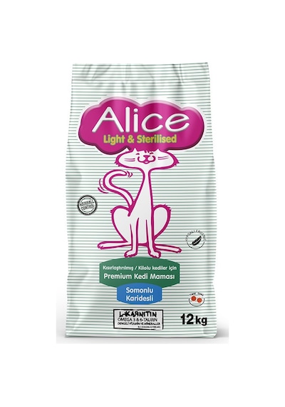 Alice Light & Sterilised Kısır veya Kilolu Kedi Maması Somonlu Karidesli 12 KG