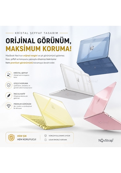 Novstrap Apple Macbook Neo 13 İnç A18 Çip A3404 İle Uyumlu Kılıf Sert Parlak Koruma Kapağı Şeffaf