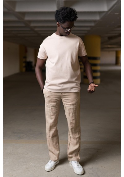 Bisiklet Yaka Lu Basic Oversize Geniş Model T-Shirt Açık Kahverengi