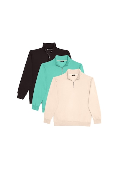 Tudors Unisex 3'lü Paket Kahverengi-yeşil-ekru Relax Fit Pamuklu Yarım Fermuarlı Dik Yaka Sweatshirt-42007 Multi