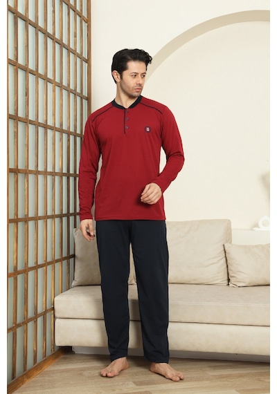 Enisena Erkek %100 Pamuklu Pijama Takımı-3 Düğmeli-12440 Bordo