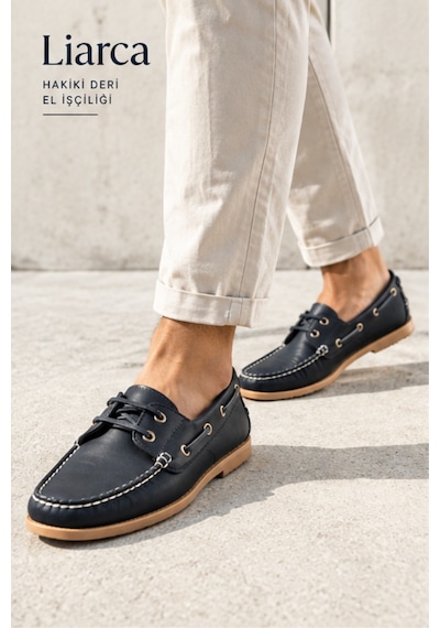 Liarca Marin Boat Shoe, %100 Hakiki Deri Siyah Bej Kauçuk Taban Erkek Boat Shoe Mokasen Laofer Casual A... Siyah - Bej