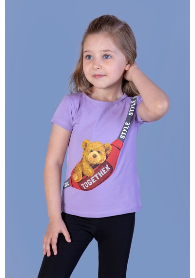 Toontoy Kids Toontoy Kız Çocuk Baskılı Bisiklet Yaka Kısa Kollu Tişört Lila