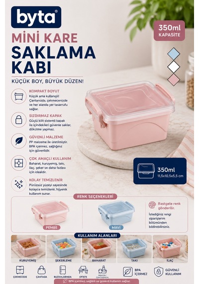350 Ml Mini Kare Saklama Kabı Kilitli Kapaklı Sızdırmaz Bpa Free Beslenme Ve Gıda Saklama Kabı Karışık Renk Gönderilir Pembe