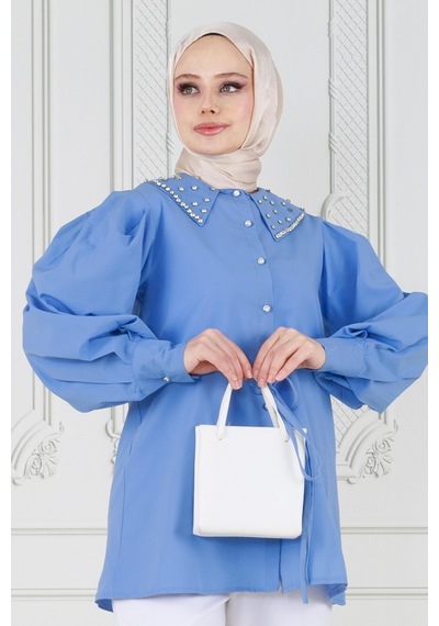 Sevitli Yakası Taş Çakım Tunik-mavi-3645-mavi Mavi