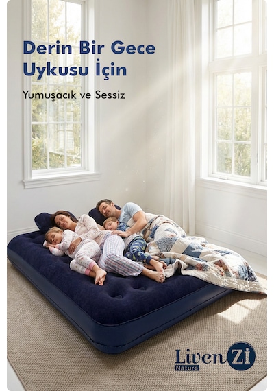 Livenzi Nature Çift Kişilik Şişme Yatak & Yastık + Manuel Şişirme Pompası 203 X 183 X 22 Cm Lacivert