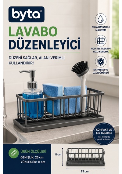 Lavabo Düzenleyici Mutfak Evye Üstü Sünger Ve Deterjan Organizeri Metal Gri 23x11 Cm Gri