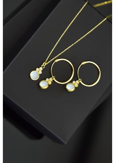 Papatya Silver 925 Ayar Gümüş Gold Kaplama Beyaz Opal Yuvarlak Kolye ve Çift Halka Küpe