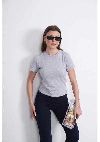 Crop Slim Fit Pamuk Likra Tişört-gri Melanj Gri Melanj