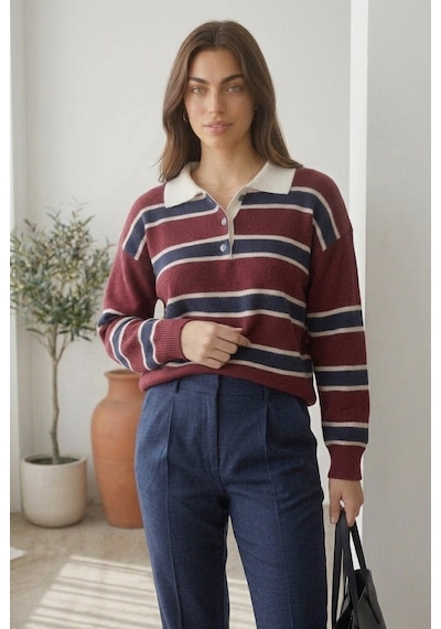 Unika Boutique Kadın Polo Yaka Çizgili Triko Kazak Çok Renkli