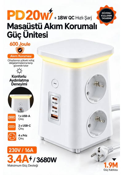 Akım Korumalı Masaüstü Priz 4 Priz, 2 Usb-c + Usb-a, Pd 20w & Qc 18w Hızlı Şarj, 3680w, Led Aydınlatmalı 1.9 M