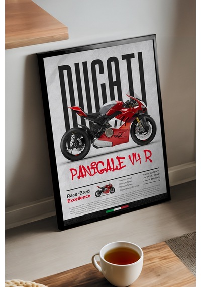 Ducati Panigale V4 R Siyah Ahşap Çerçeveli Poster, Dekoratif Motosiklet Duvar Tablosu