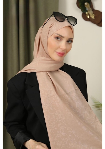 Flora Tekstil Çiçekli Desen İnce Medine İpeği Jakar Şal Koyu Bej