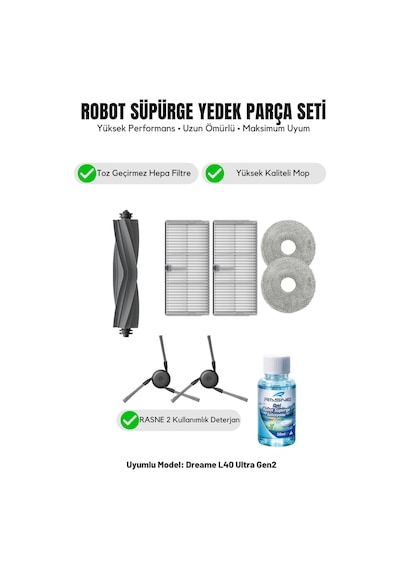 Dreame L40 Ultra Gen2 İle Uyumlu 1 Ana Fırça 2 Yan Fırça 2 Filtre 2 Mop 1 Deterjan 3.0