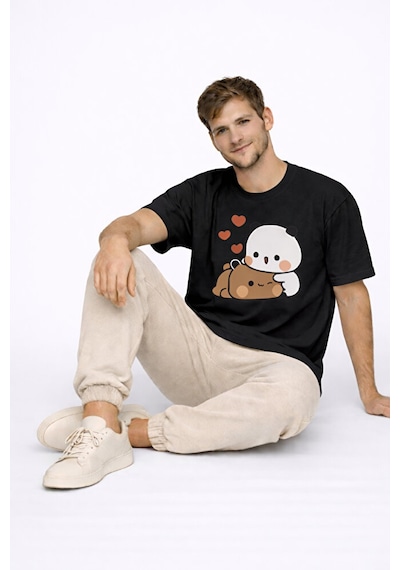 Sevimli Panda Baskılı Sevgili Kombini Çift Tişört Oversize Unisex Siyah