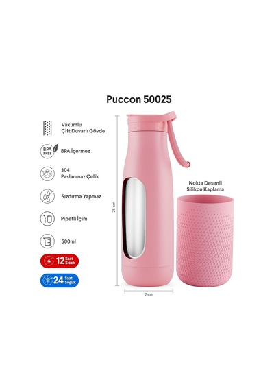 Pembe 500 Ml Çelik Okul Matarası - Silikon Gövdeli Nokta Çelik Termos - 50025 Diğer