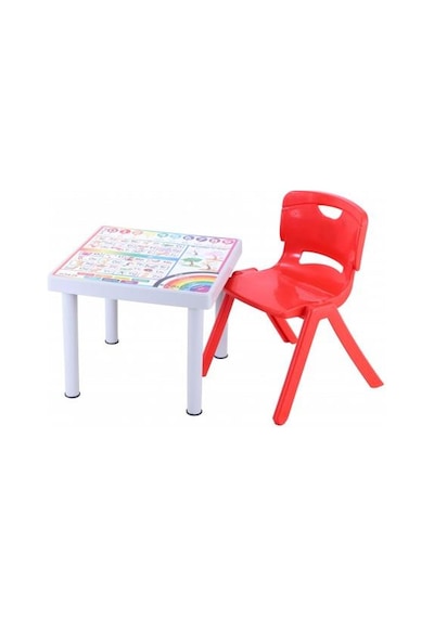 Sağlam Plastik Mandella Rubi Türkçe Desenli Çocuk Masası 1 Adet Nova Büyük Çocuk Koltuk Kırmızı