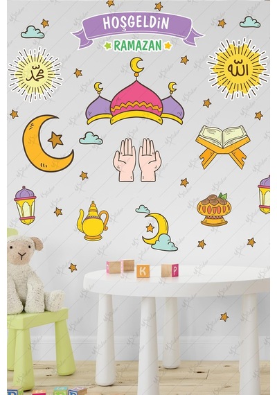 MSticker Hoşgeldin Ramazan Dua Cami Ay Fener Figürleri Cam Duvar Dekorasyon Sticker Seti