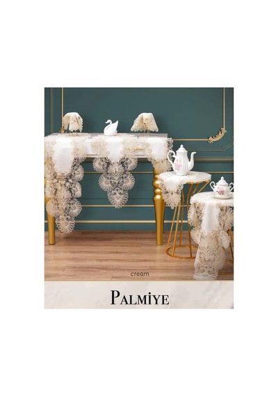 Salon Takımı 7 Parça Keten Masa Örtüsü Runner Seti Çeyizlik Palmiye Model Krem-krem Çok Renkli