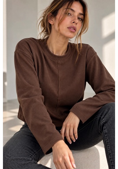 Bb Butik Basic Ön Dikiş Detaylı Basic Sweatshirt Günlük Rahat Kesim My3535 Kahverengi