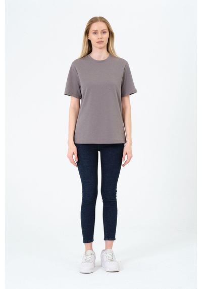 Kadın Bisiklet Yaka Kısa Kollu Basic T-shirt - İnterlok Kumaş Gri