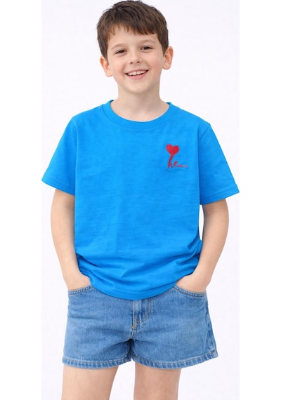 Erdem Kıds Kız Erkek Çocuk Oversize Nakışlı Pamuklu Unisex Yazlık T-shirt Mavi Mavi