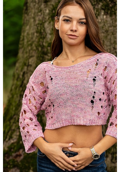 Verdeblanco Yırtık Detaylı Örme Crop Top Toz Pembe