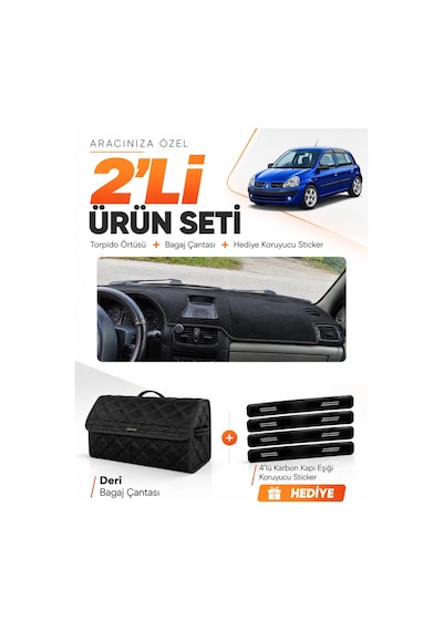 Renault Clio Symbol Airbagli 2003-2006 Uyumlu Torpido Örtüsü + Deri Bagaj Çantası Seti - Siyah