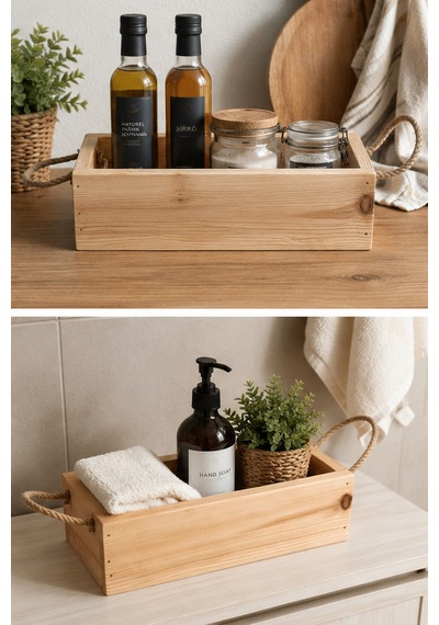Çok Amaçlı Ahşap Dekoratif Düzenleyici Sepet 30x14 Cm Doğal Çam Ağacı Jüt İp Kulplu