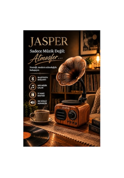 Jasper Jpr-1513 Nostalji Gramofon Bluetooth Hoparlör Kablosuz Taşınabilir Ses Tasarımlı Bombası Extra Bass
