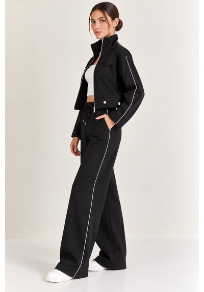 Mevese Biyeli Detaylı Dik Yaka Fermuarlı Sweatshirt & Wide Leg Eşofman Takım - Siyah