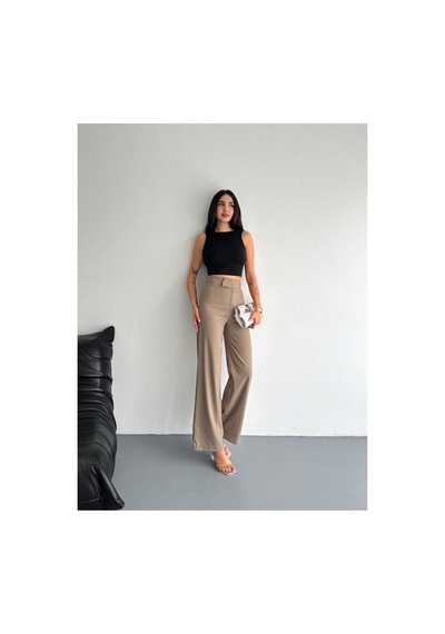 Gugus Kadın Cepsiz Dokuma Kumaş Pantolon Beli Cırtlı Bol Paça Wide Leg Model Vizon
