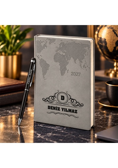 Bk Gift Kişiye Özel 378 Termo Deri Tarihli Ajanda & Siyah Touch Pen Tükenmez Kalem-14 Gri