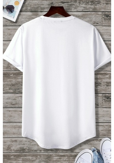 Cool Tarz Erkek Beyaz Bisiklet Yaka Oval Etek Salaş %100 Pamuk Basic T-shirt Beyaz Beyaz