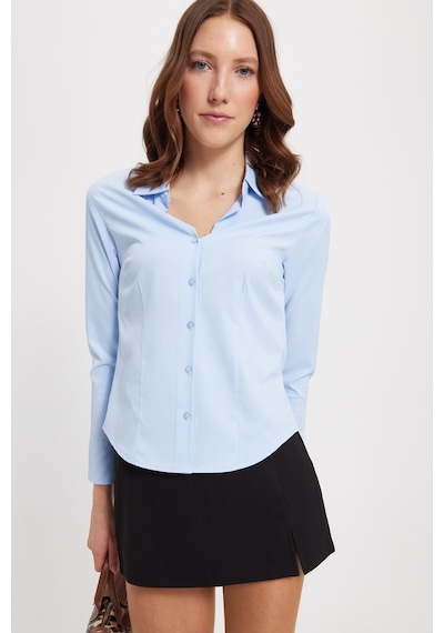Tudors Kadın Slim Fit Dar Kesim Klasik Yaka Uzun Kollu Mavi Gömlek-40355 Mavi