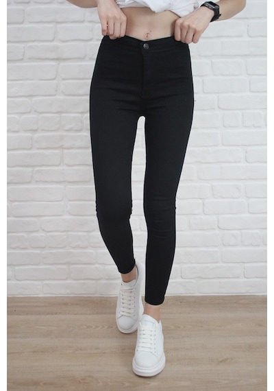 Kadın Siyah Yüksel Bel Likralı Dar Kesim Toparlayıcı Skinny Jean Kot Pantalon
