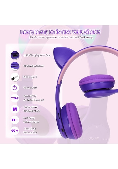 Çocuk Kulaklığı, Led Parlayan Kedi Kulaklı, Mikrofonlu Takılabilir, Tf Kartı, Katlanabilir Blue
