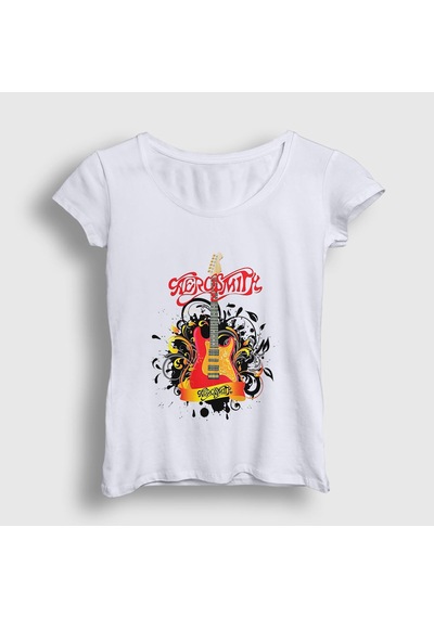 Presmono Kadın Gitar Aerosmith T-shirt Beyaz