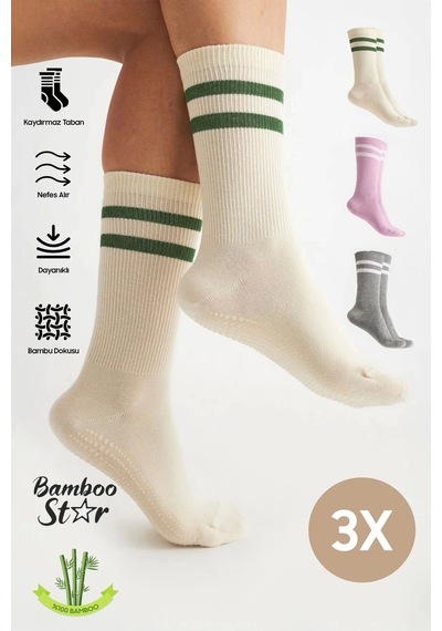 Bamboo Star Bambu Kadın Kaydırmaz Taban Silikon Baskı Yoga Fitness Pilates Bale Dans Kaymaz Tenis Çorabı 3'lü Karışık