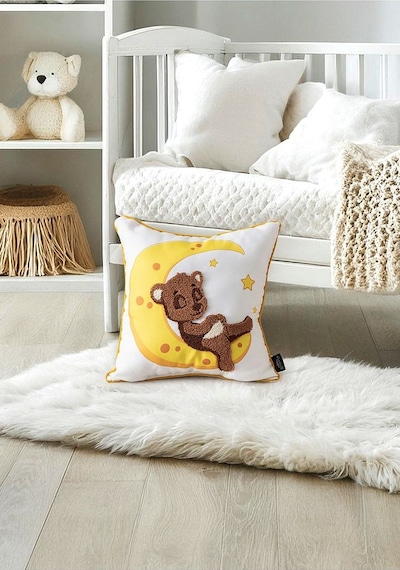 Punch İşlemeli Bebek Çocuk Odası Tekli Dekoratif Özel Tasarım Kırlent 35x35 Cm İç Dolgulu Sarı